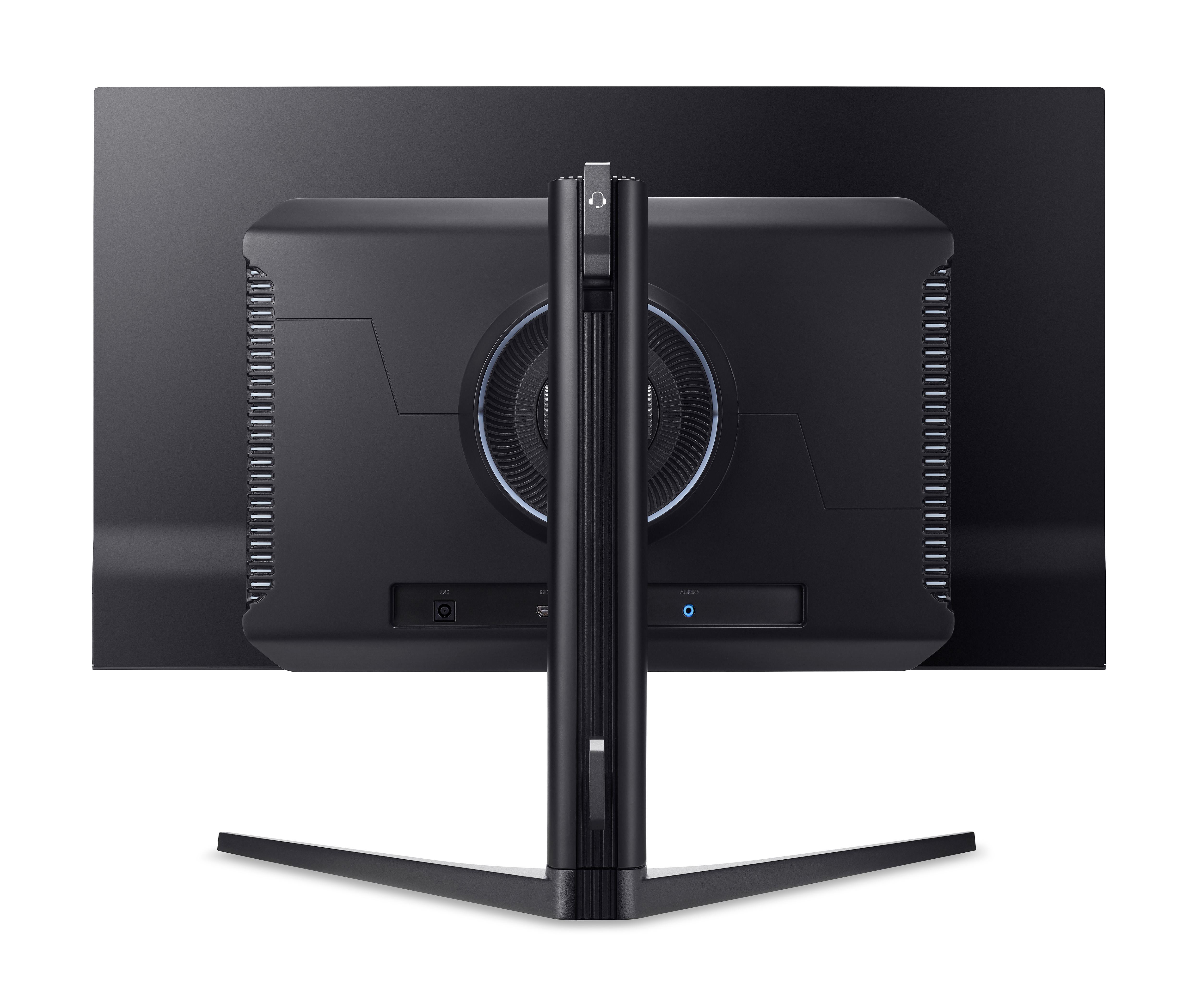 Rückseite eines schwarzen Monitors mit Anschlüssen und einem Stativ.