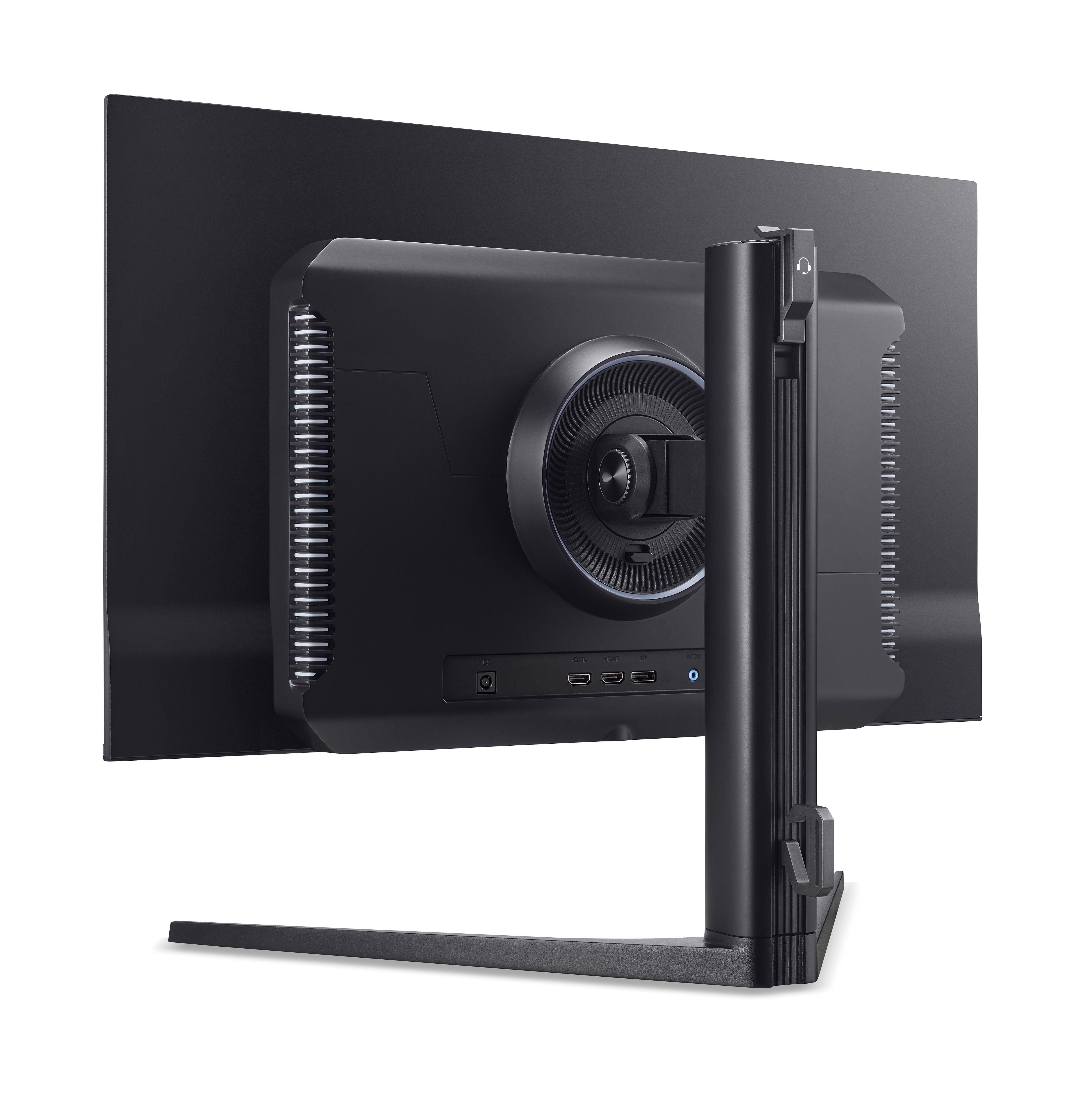 Rückseite eines schwarzen Monitors mit Standfuß und Anschlüssen.