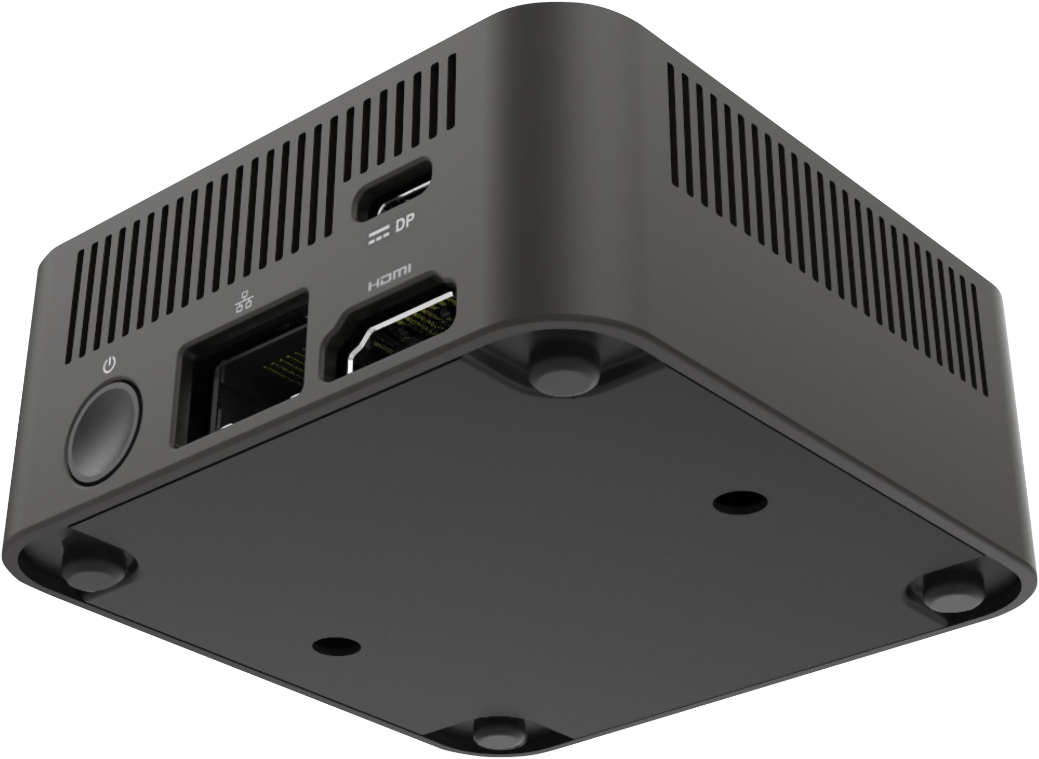 Kleiner schwarzer Computer mit Lüftungsschlitzen, Anschlüssen und Gummifüßen.