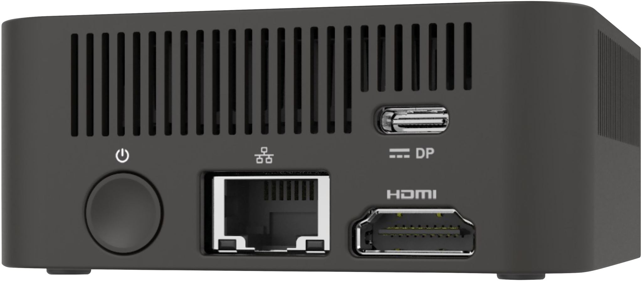 Schwarzer Mini-PC mit Lüftungsschlitzen, Power-Knopf, Netzwerkanschluss, USB-C und HDMI.
