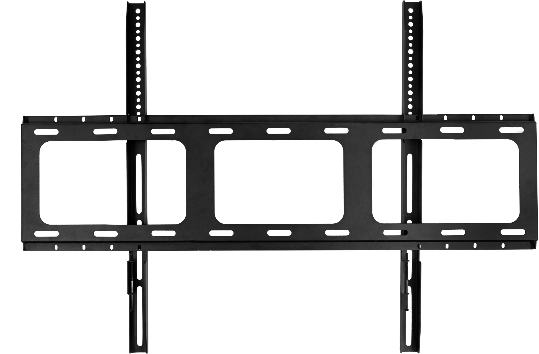 Schwarze TV-Wandhalterung mit verstellbaren Armen und Lochmuster.
