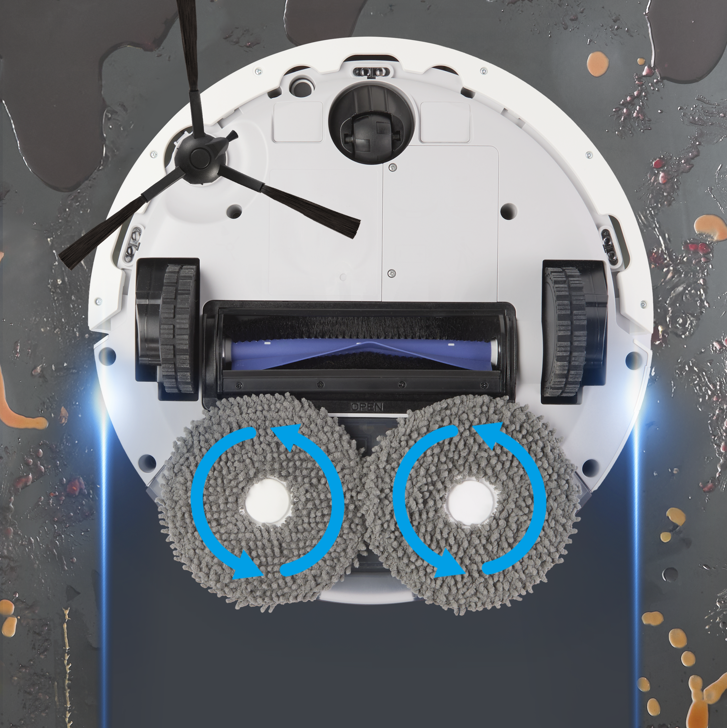 Robotporszívó forgó felmosóbetétekkel piszkos padlón.