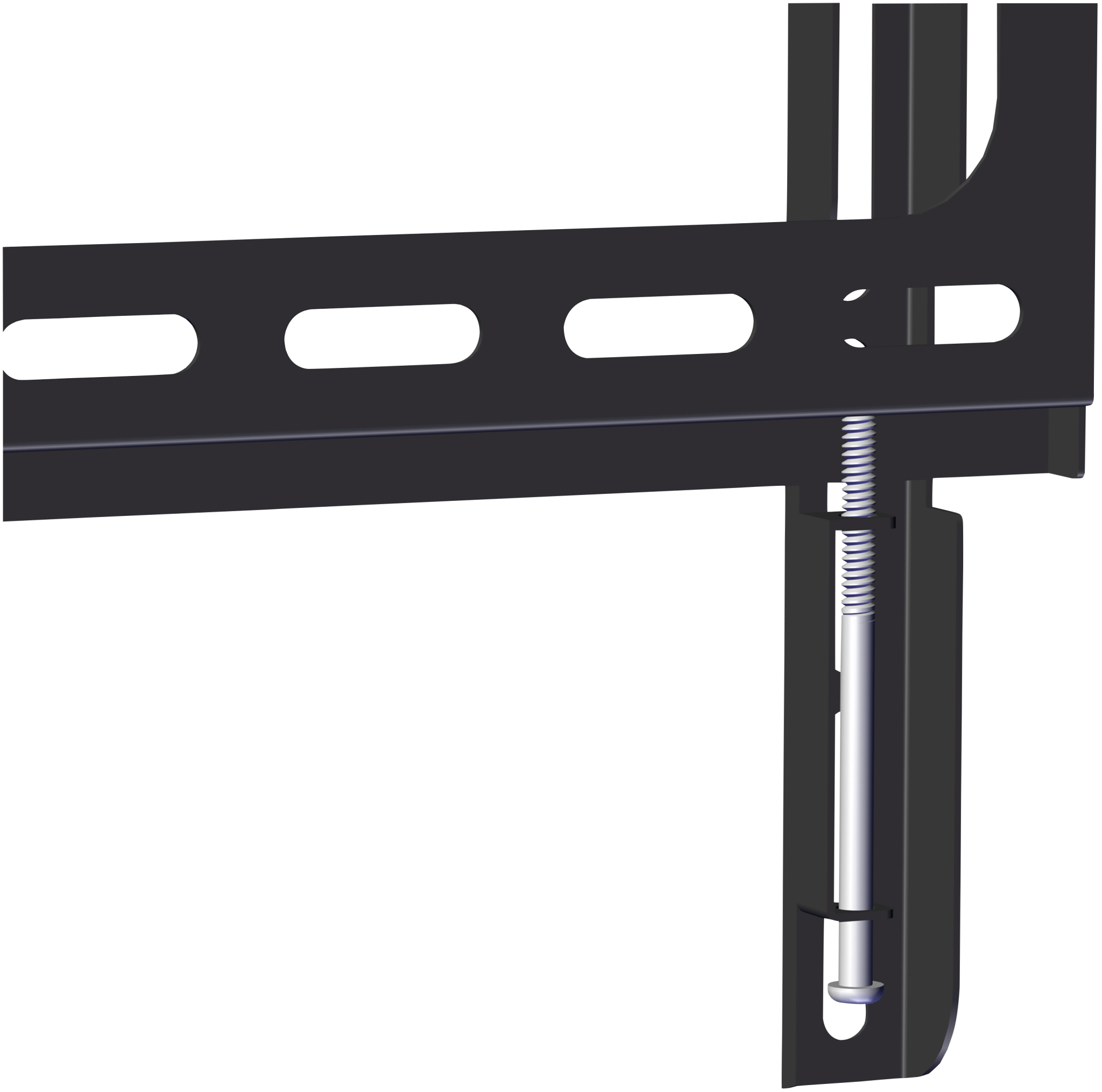 Schwarze Metallhalterung mit Langlöchern und einer sichtbaren Schraube.