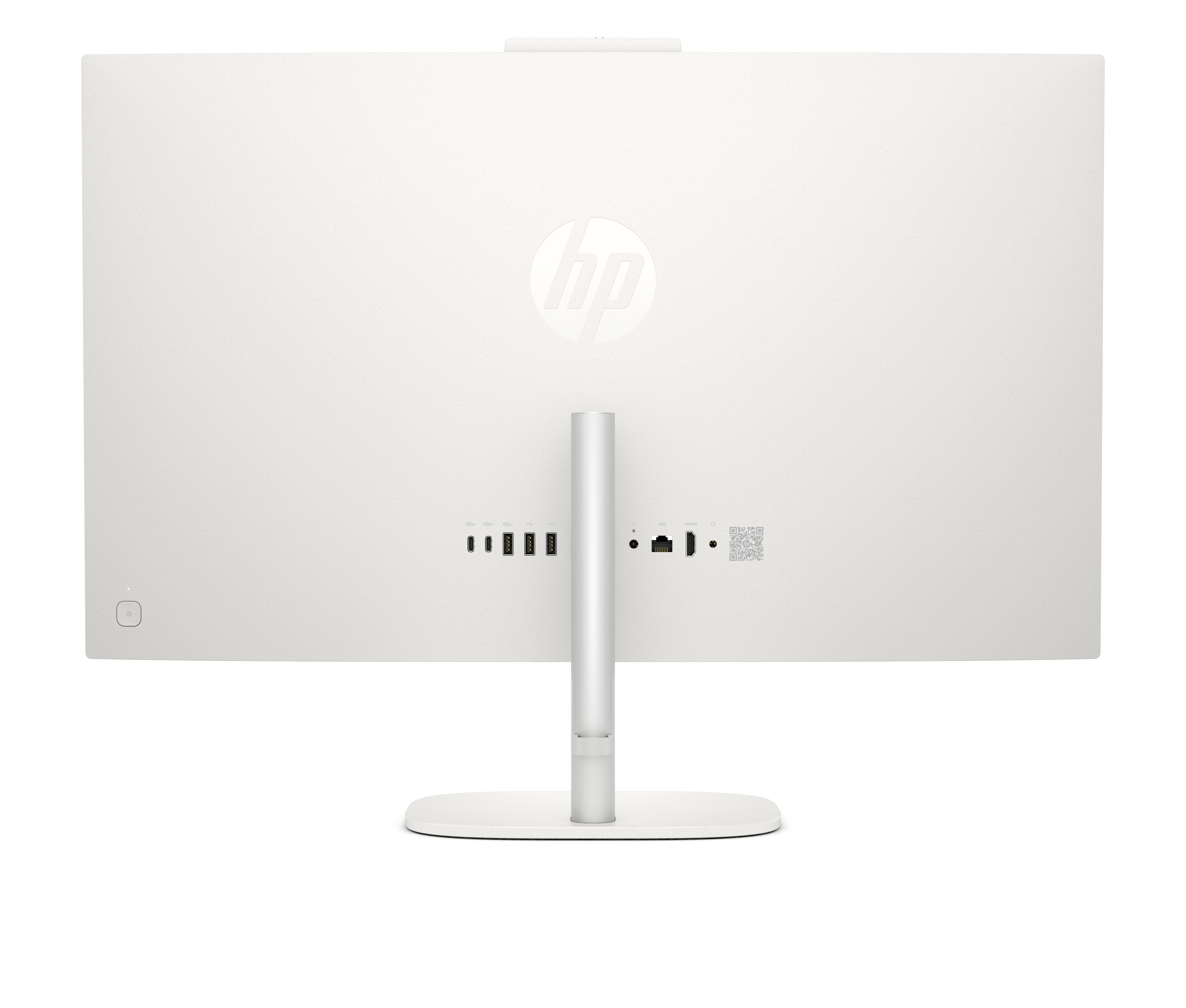 Rückseite eines weißen HP All-in-One-Computers mit Anschlüssen und Ständer.