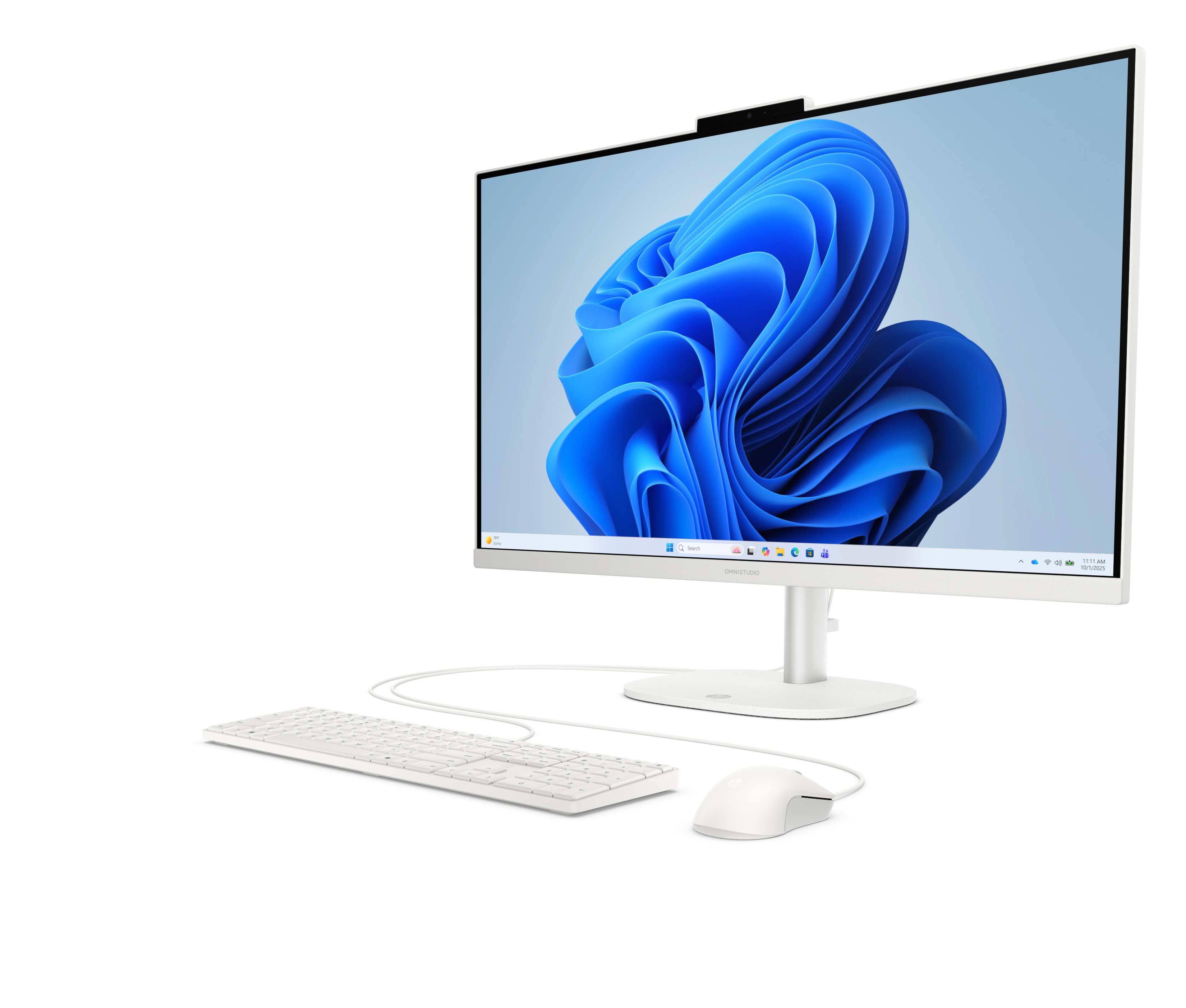 Ein weißer All-in-One-PC mit Tastatur und Maus vor blauem Hintergrund.