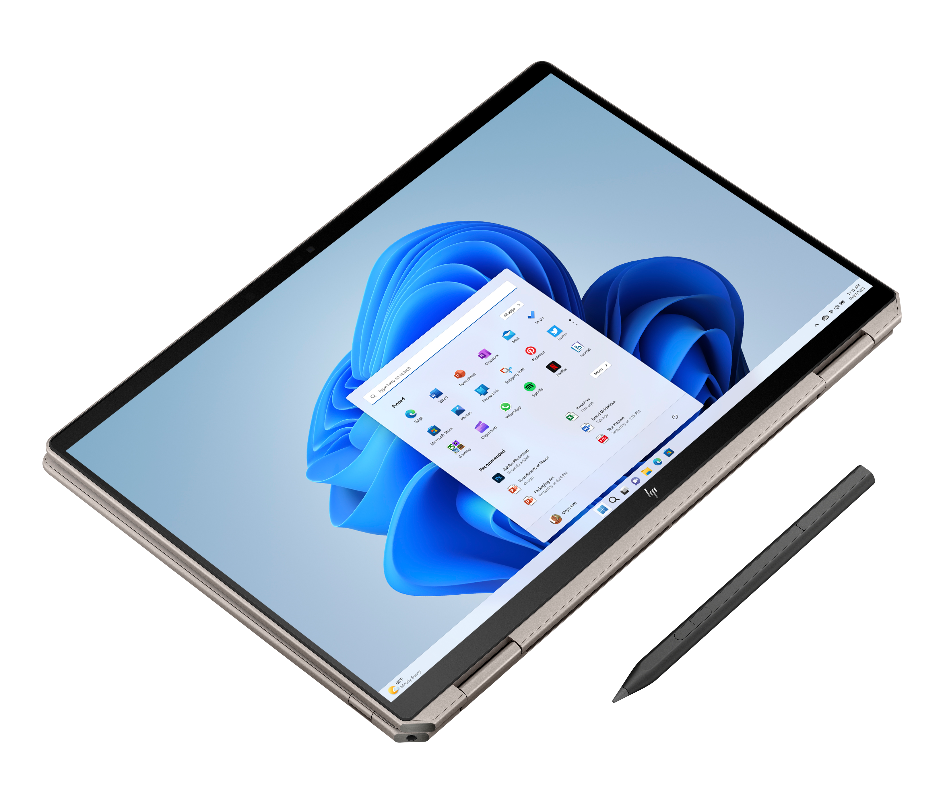 Laptop z systemem Windows 11 i rysikiem. Menu Start jest otwarte.