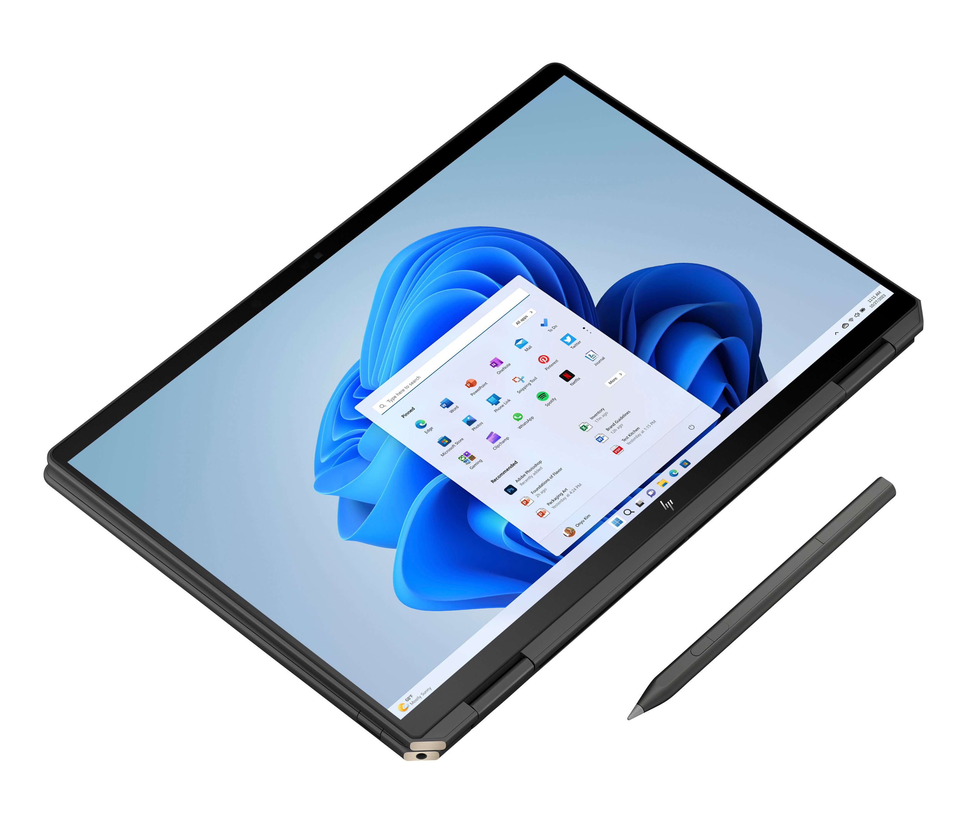 Otwarty laptop z systemem Windows 11 i piórem cyfrowym obok.