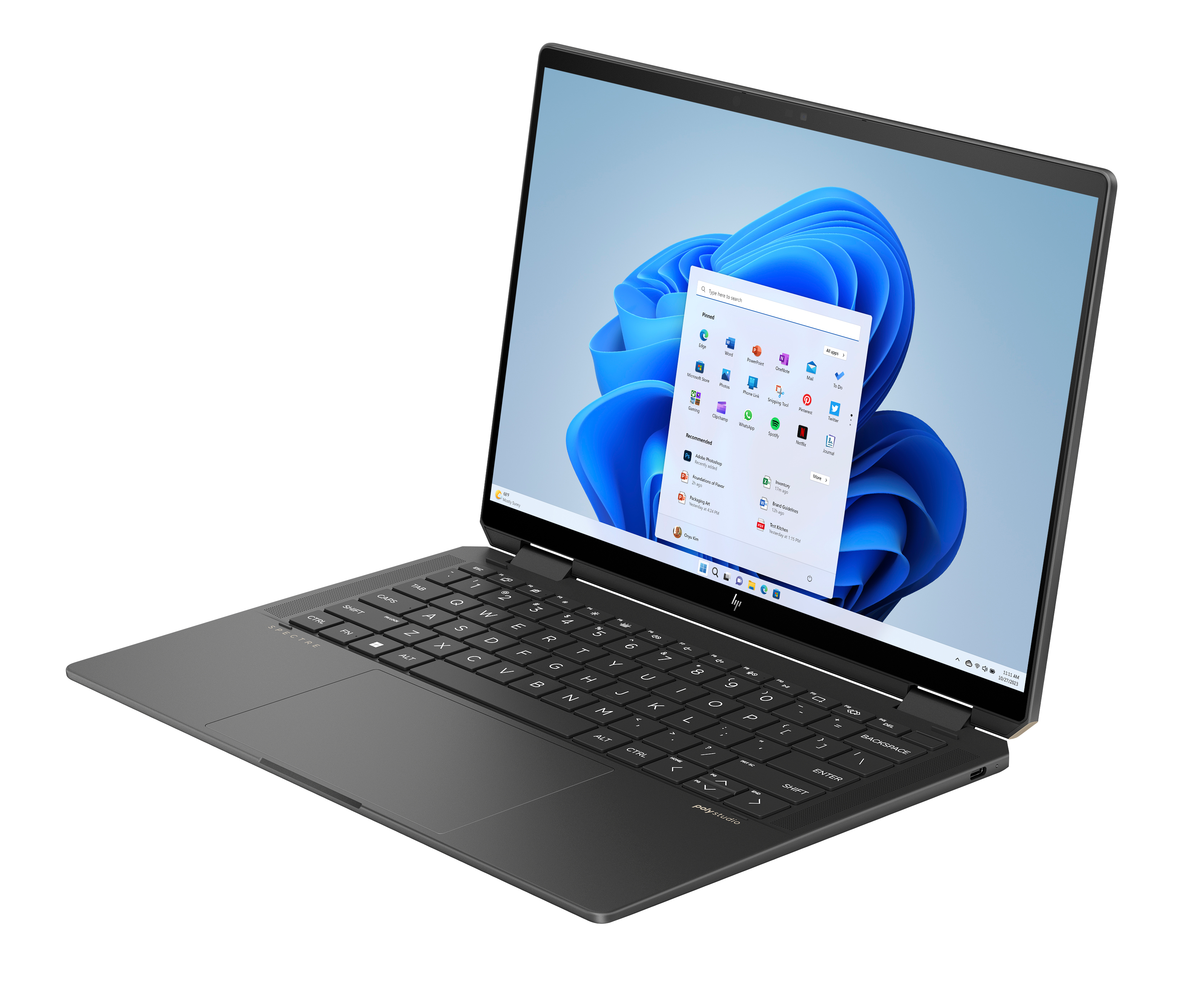 Ciemny laptop z otwartym ekranem, wyświetlający system Windows 11.