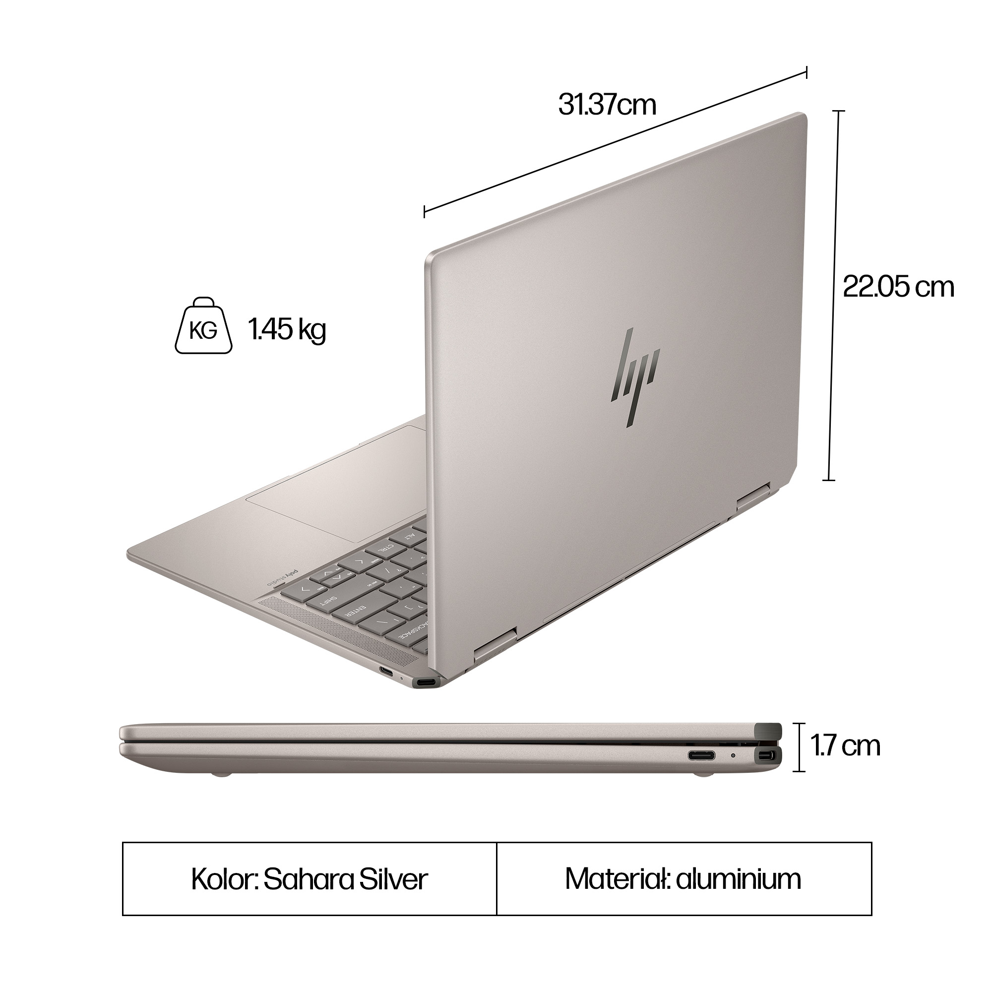 Srebrny laptop, 31,37x22,05x1,7cm, 1,45kg, aluminium, Srebrny Sahara.