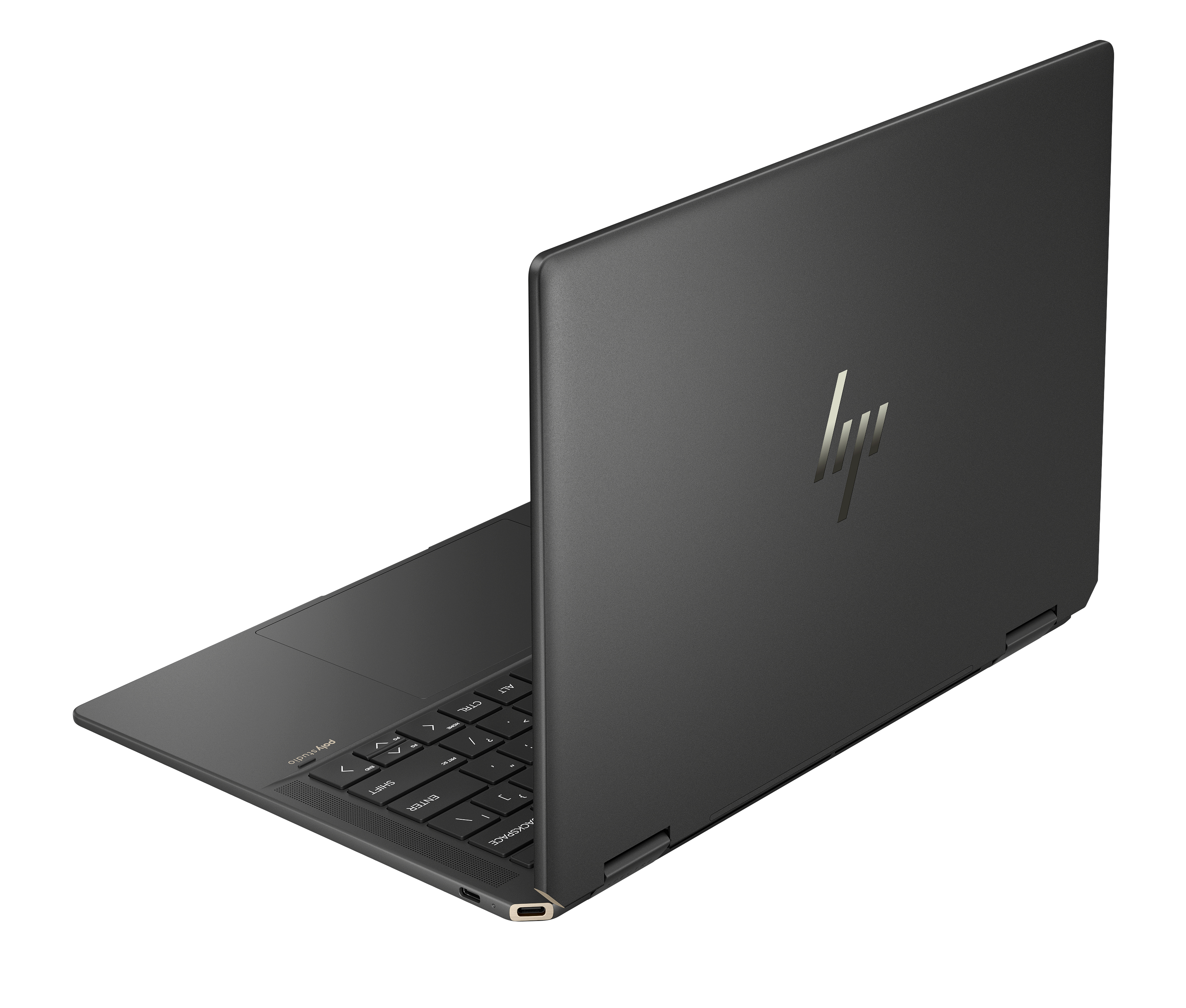 Ciemny laptop HP jest otwarty na czarnym tle, widoczna klawiatura i logo.