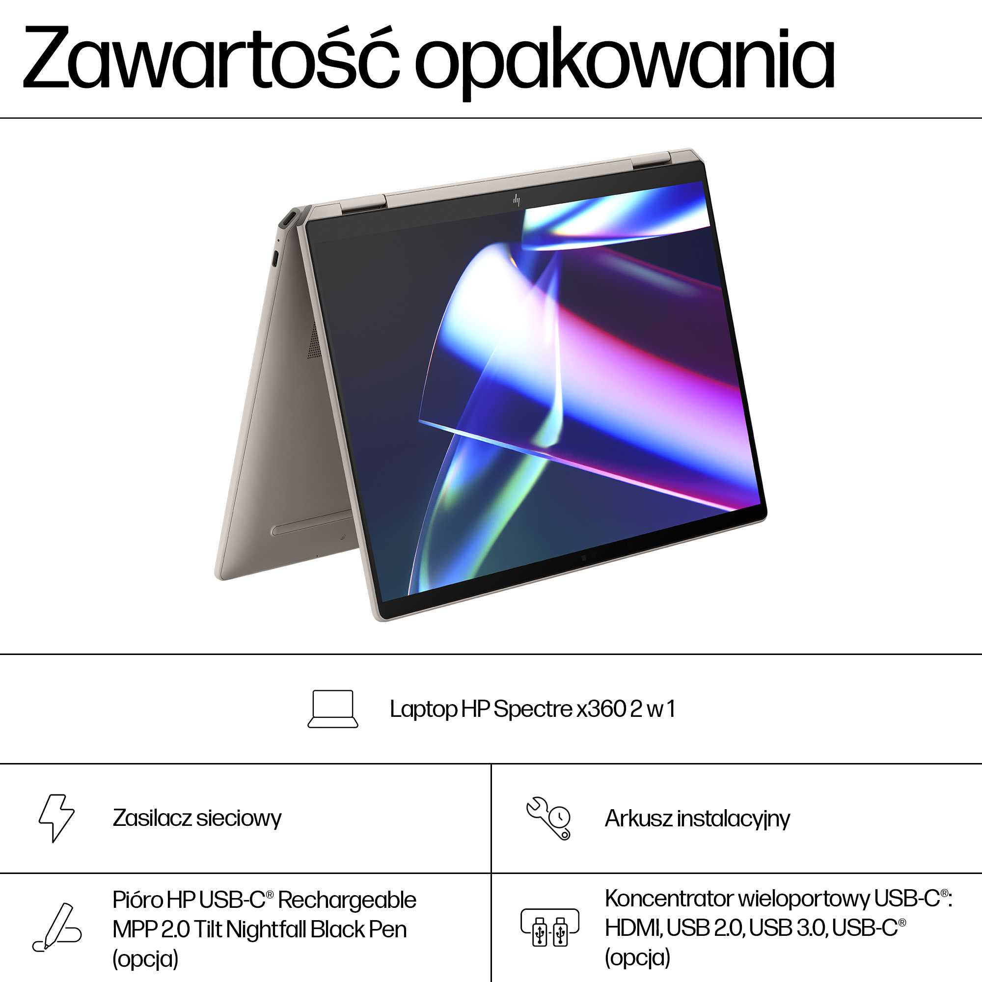 Laptop HP Spectre x360 2w1 z zasilaczem, piórem i koncentratorem.