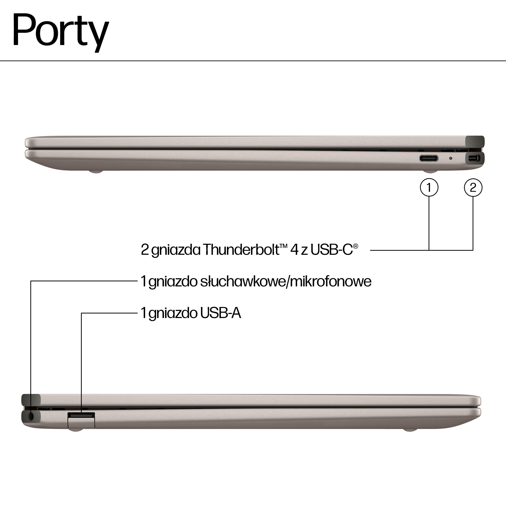 Widok z boku laptopa pokazujący porty: 2x Thunderbolt 4 (USB-C), 1x słuchawki/mikrofon, 1x USB-A.