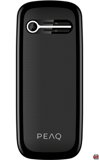 Fekete mobiltelefon kameraobjektívvel és vakuval felül. PEAQ logó alul.