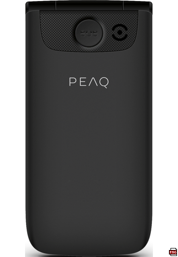 Fekete kagylótelefon SOS gombbal, hangszóróval és PEAQ logóval.