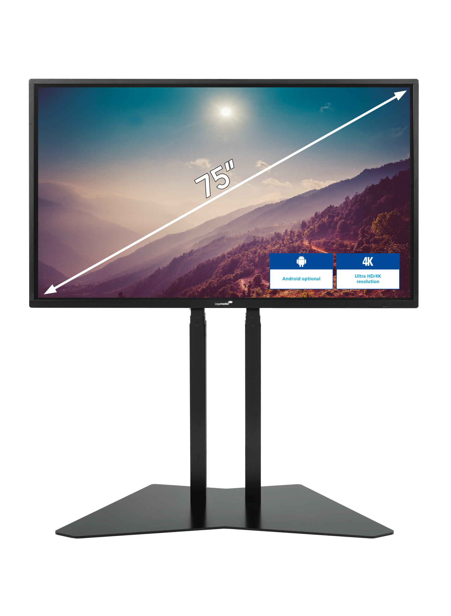 Ein 75-Zoll-Monitor mit UHD/4K-Auflösung auf einem schwarzen Standfuß.