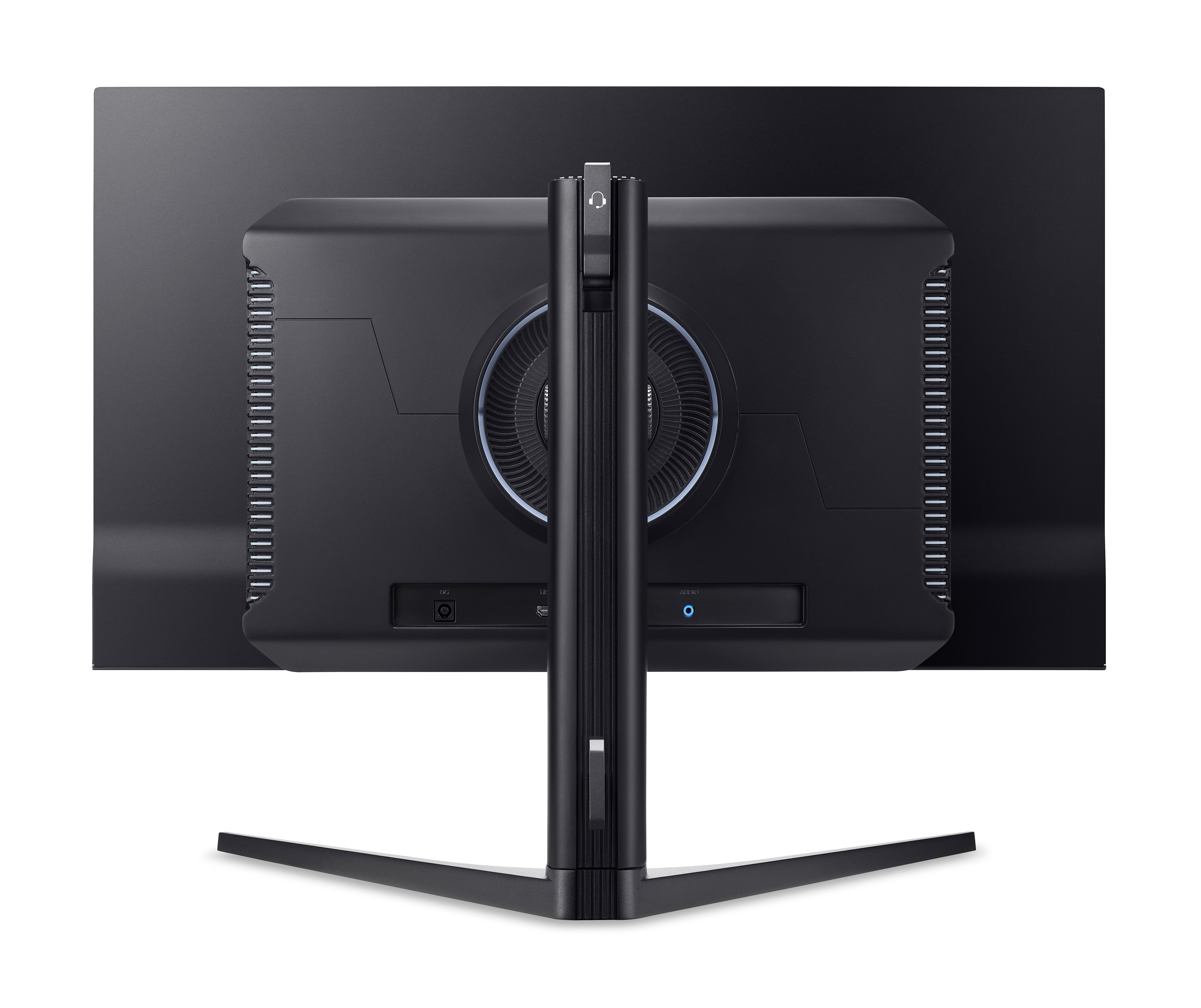 Rückseite eines schwarzen Monitors mit Ständer und Anschlüssen.