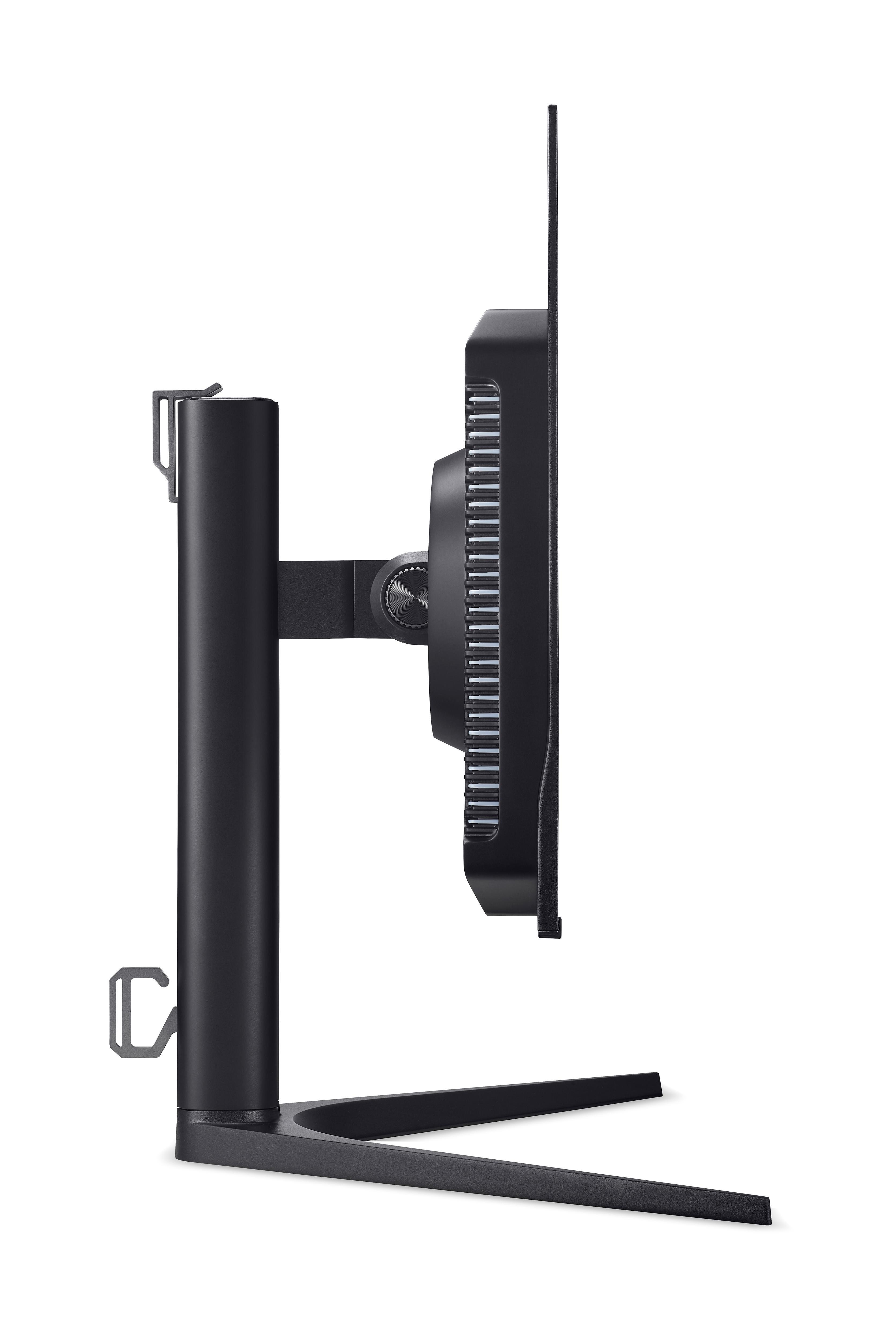 Schwarzer Monitorständer mit schlankem Design und verstellbarem Arm, Seitenansicht.
