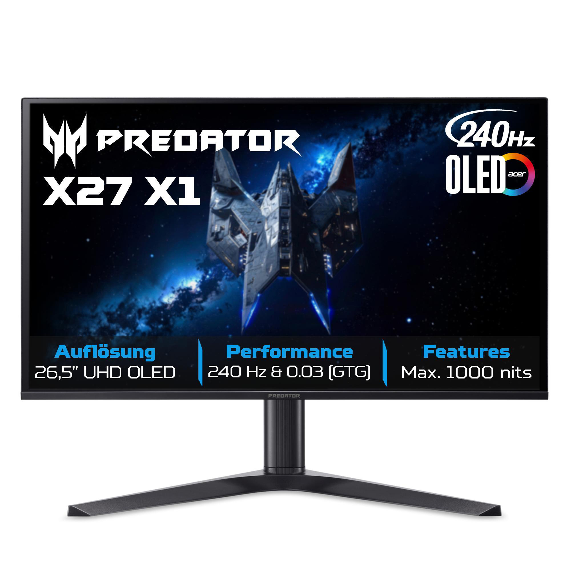 Predator X27 X1 Monitor: 26,5" UHD OLED, 240Hz, 0,03ms GTG, 1000 nits.