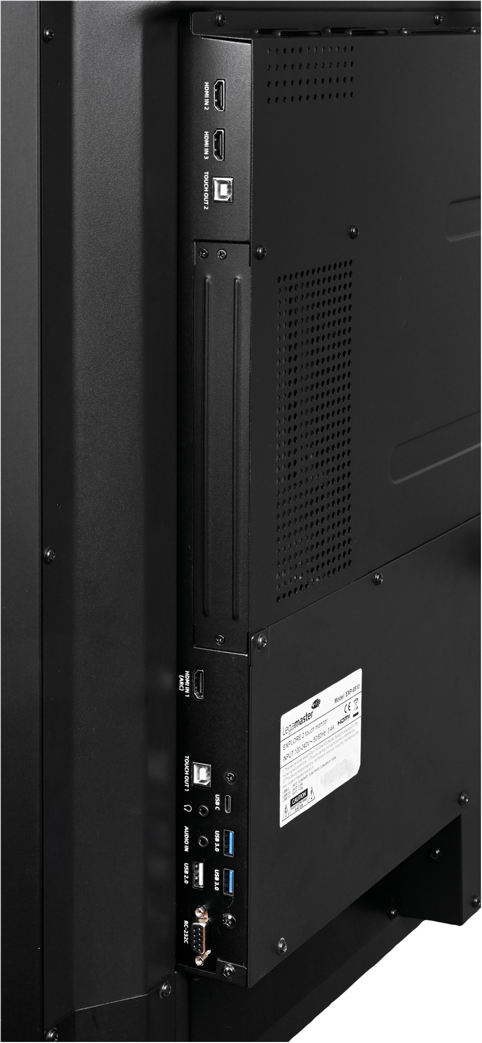 Rückseite eines schwarzen Monitors mit verschiedenen Anschlüssen: HDMI, USB und Audio.