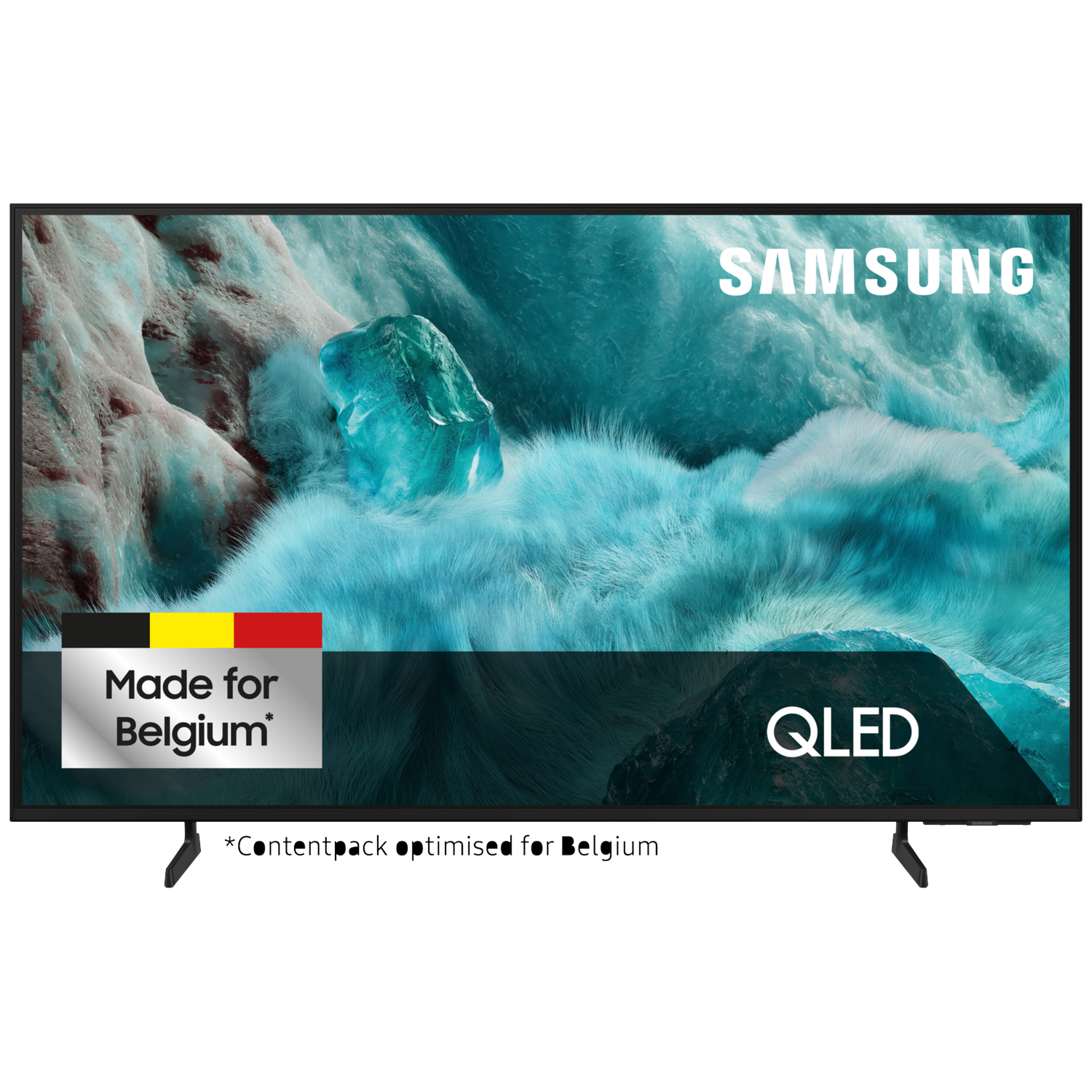 Samsung QLED TV with 'Made for Belgium' badge and Belgian flag.