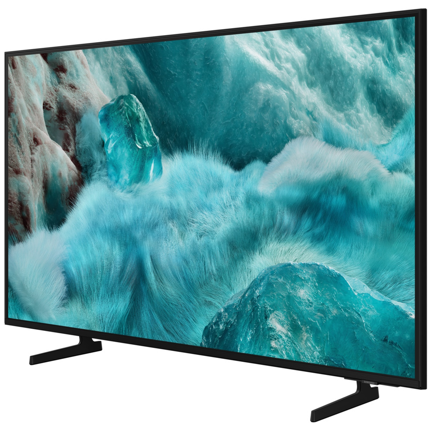 A large black television displaying an abstract blue and white background.