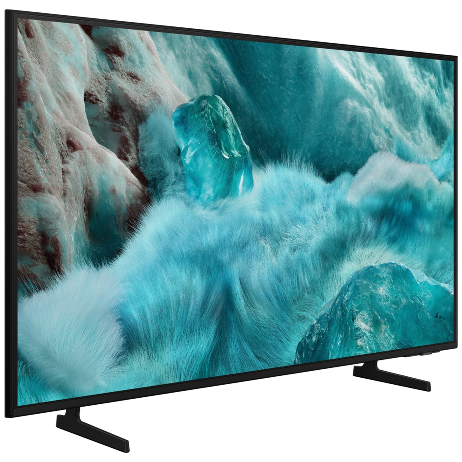 A modern flat-screen television displaying an abstract, icy background.