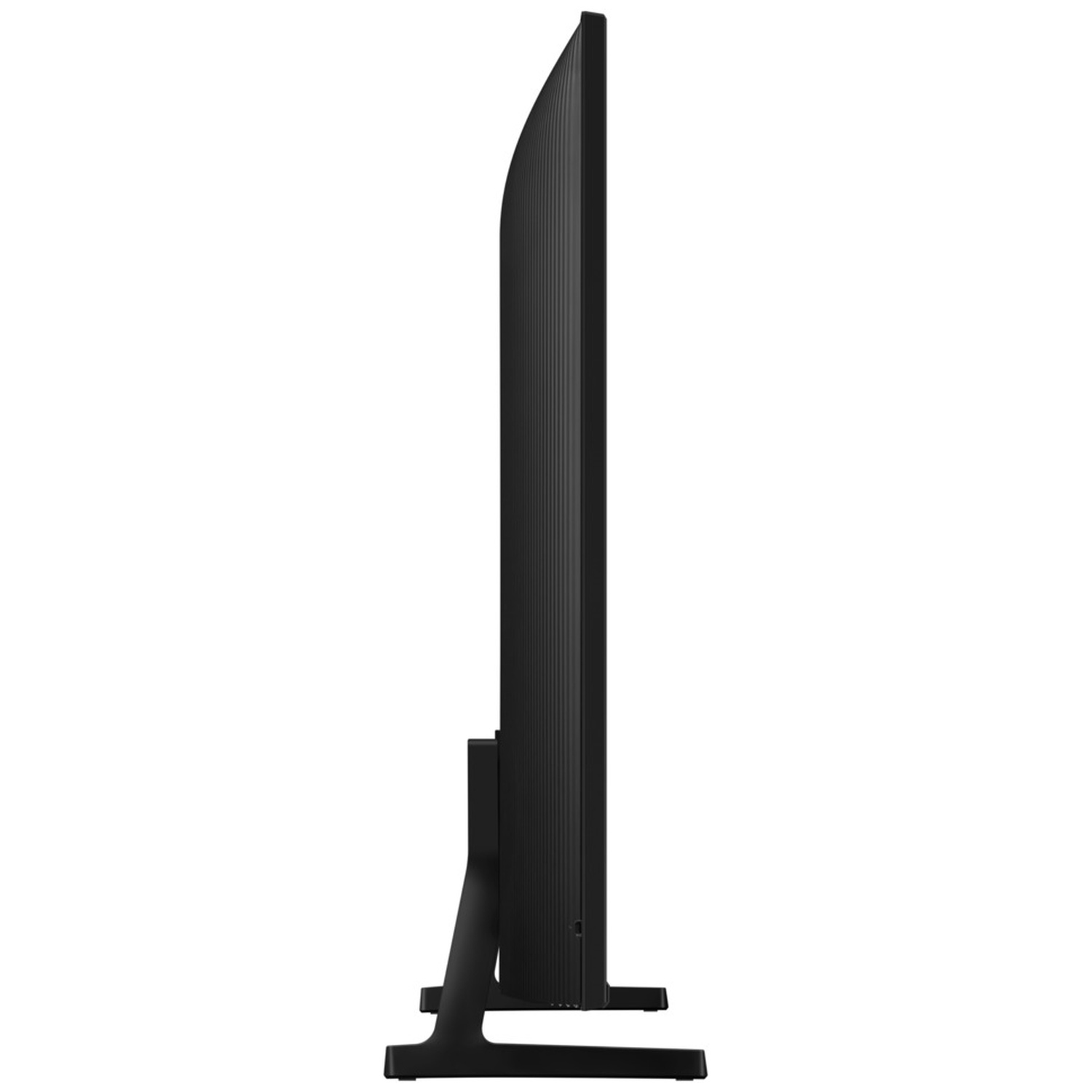 Black television shown in side profile on a white background.
