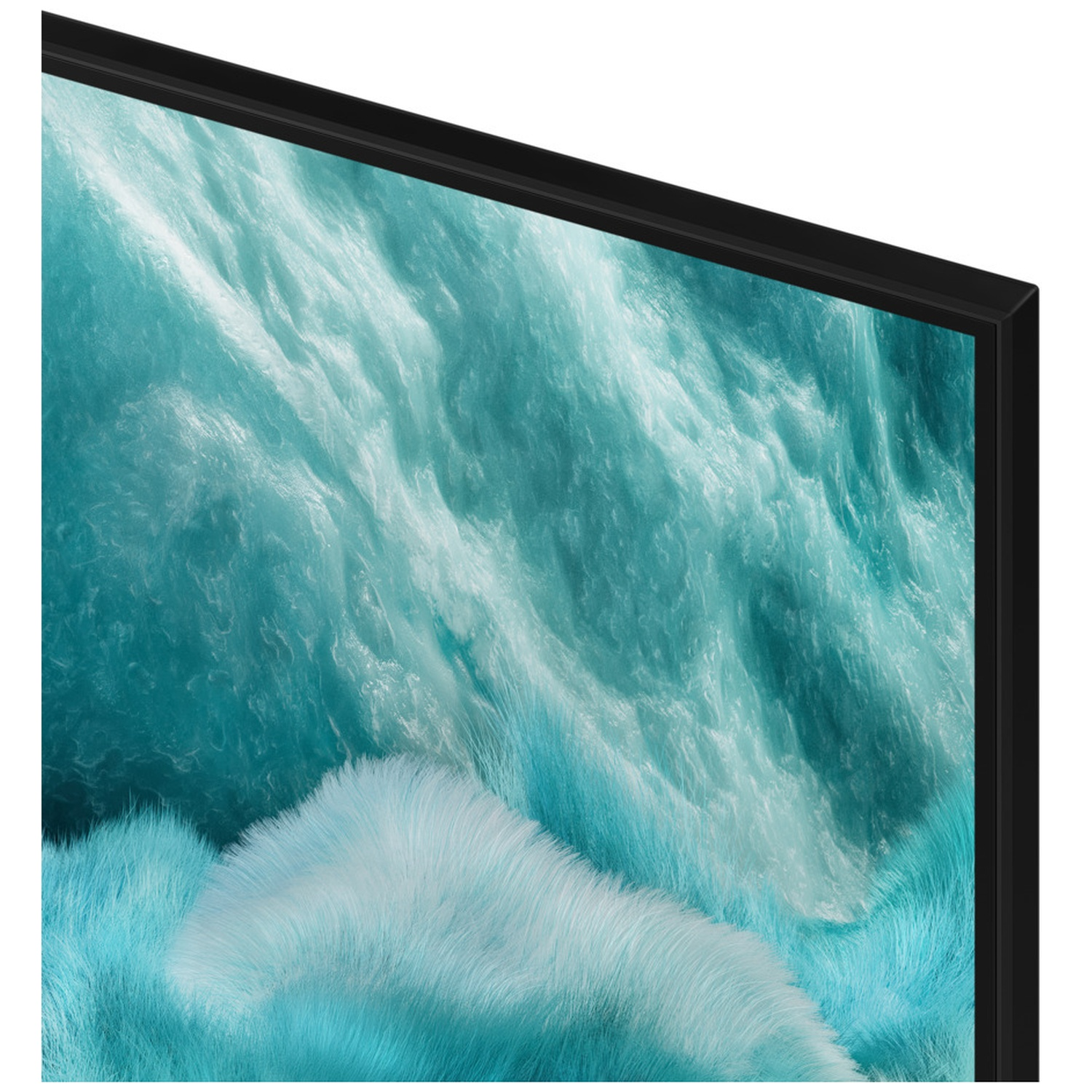 A close-up of a TV screen displaying an abstract blue and white pattern.