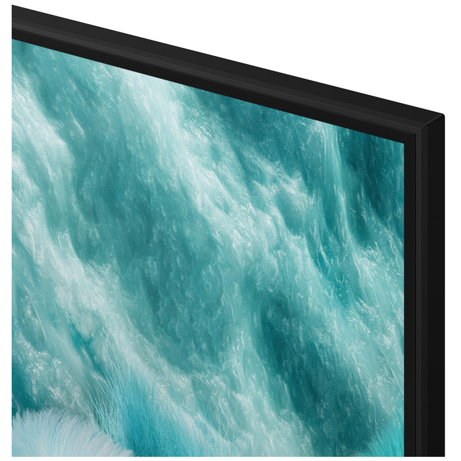 Close-up of a TV screen displaying a blue and white wave pattern.