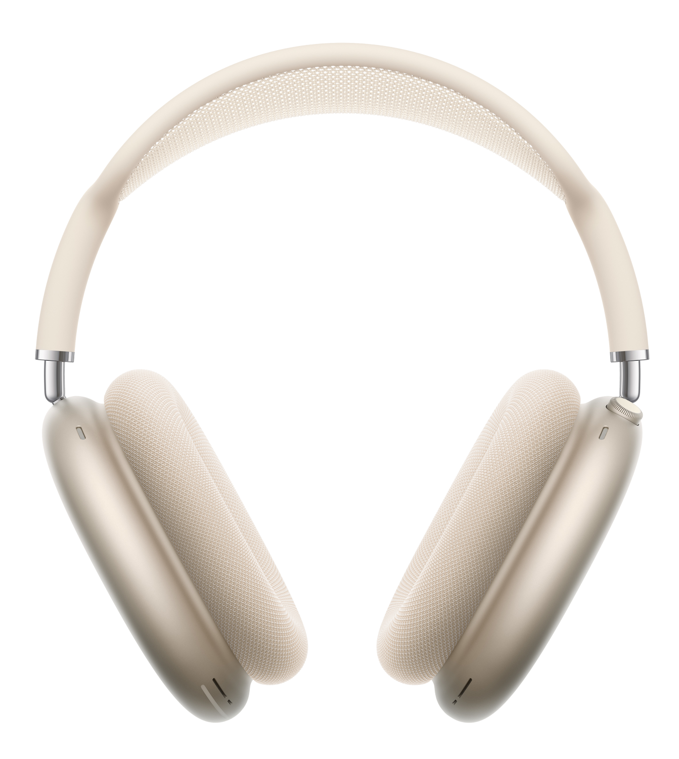 Kremowe słuchawki nauszne z pałąkiem i materiałowymi nausznikami.