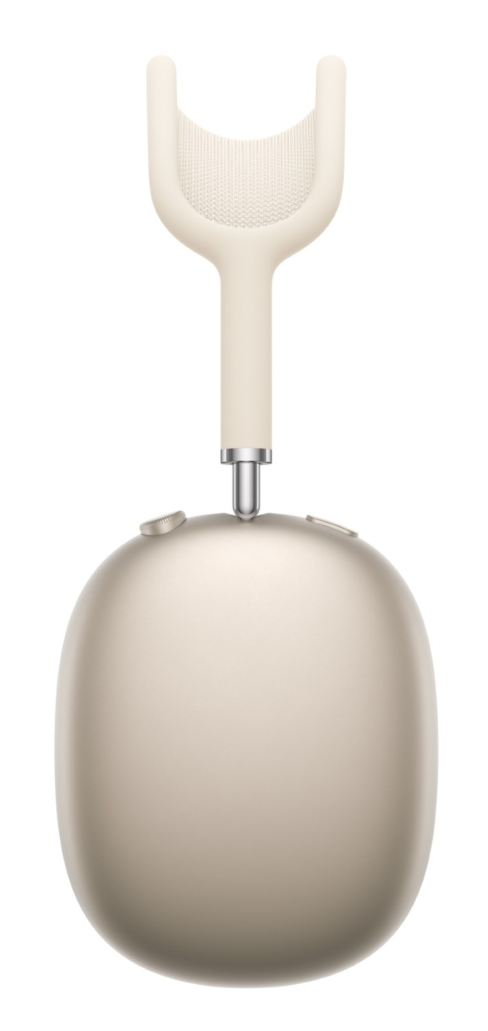 Beżowe słuchawki z pałąkiem w kształcie litery U i siateczkową fakturą.