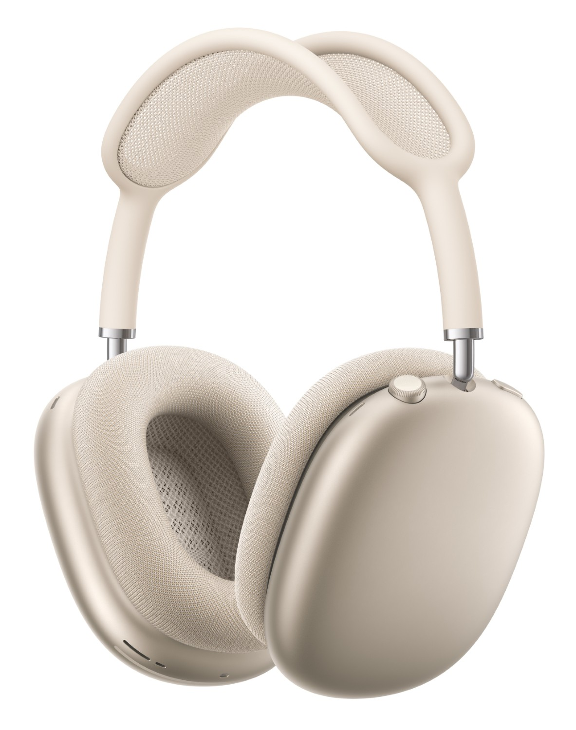Beżowe słuchawki nauszne z wyściełanym pałąkiem i nausznikami na białym tle.