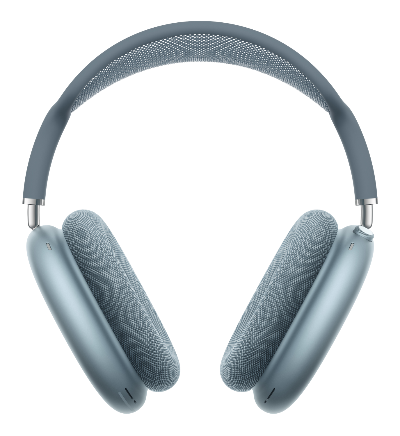 Niebieskie słuchawki z srebrnym pałąkiem na czarnym tle.