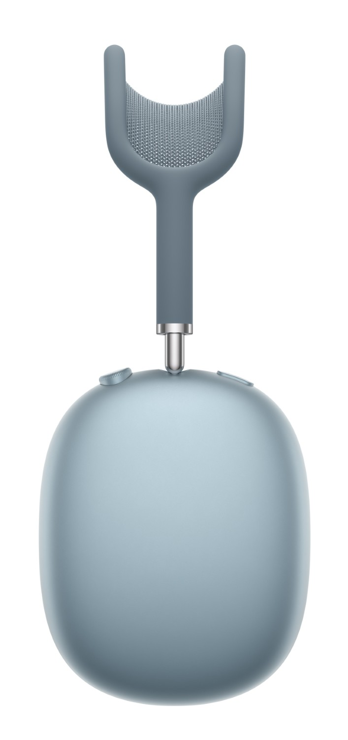 Niebieskie słuchawki z pałąkiem w kształcie litery U z powierzchnią szczotkową.