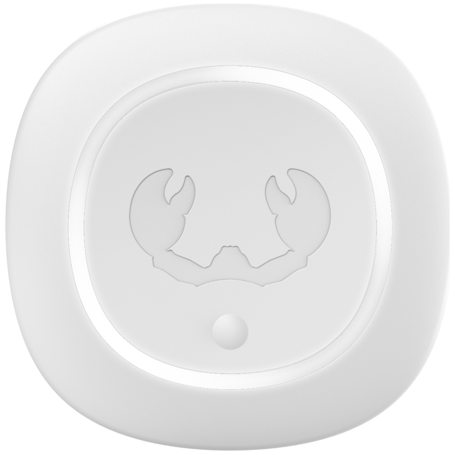 Ein weißer, runder Knopf mit einem Krabben-Symbol und einem kleinen Knopf.