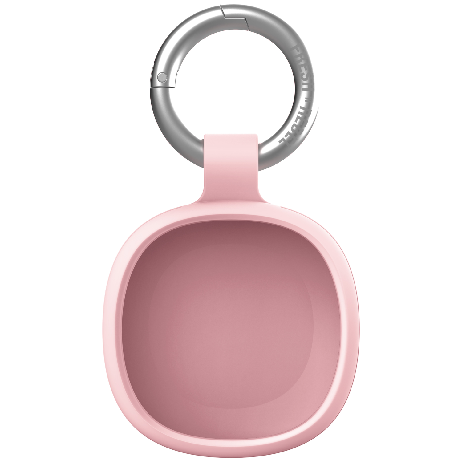 Eine rosa Hülle mit einem silbernen Schlüsselring und der Aufschrift 'FRESH 'N REBEL'.