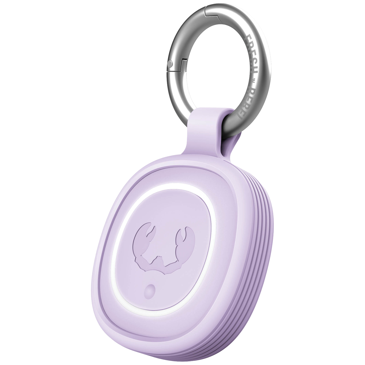 A lilac tracker case with a silver carabiner clip attached to its loop.
