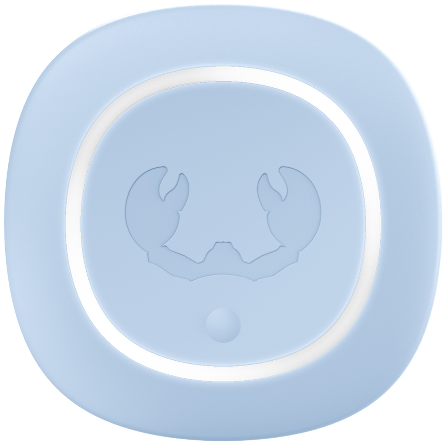 Ein hellblaues Objekt mit einem Krebs-Symbol und einem kleinen Kreis.