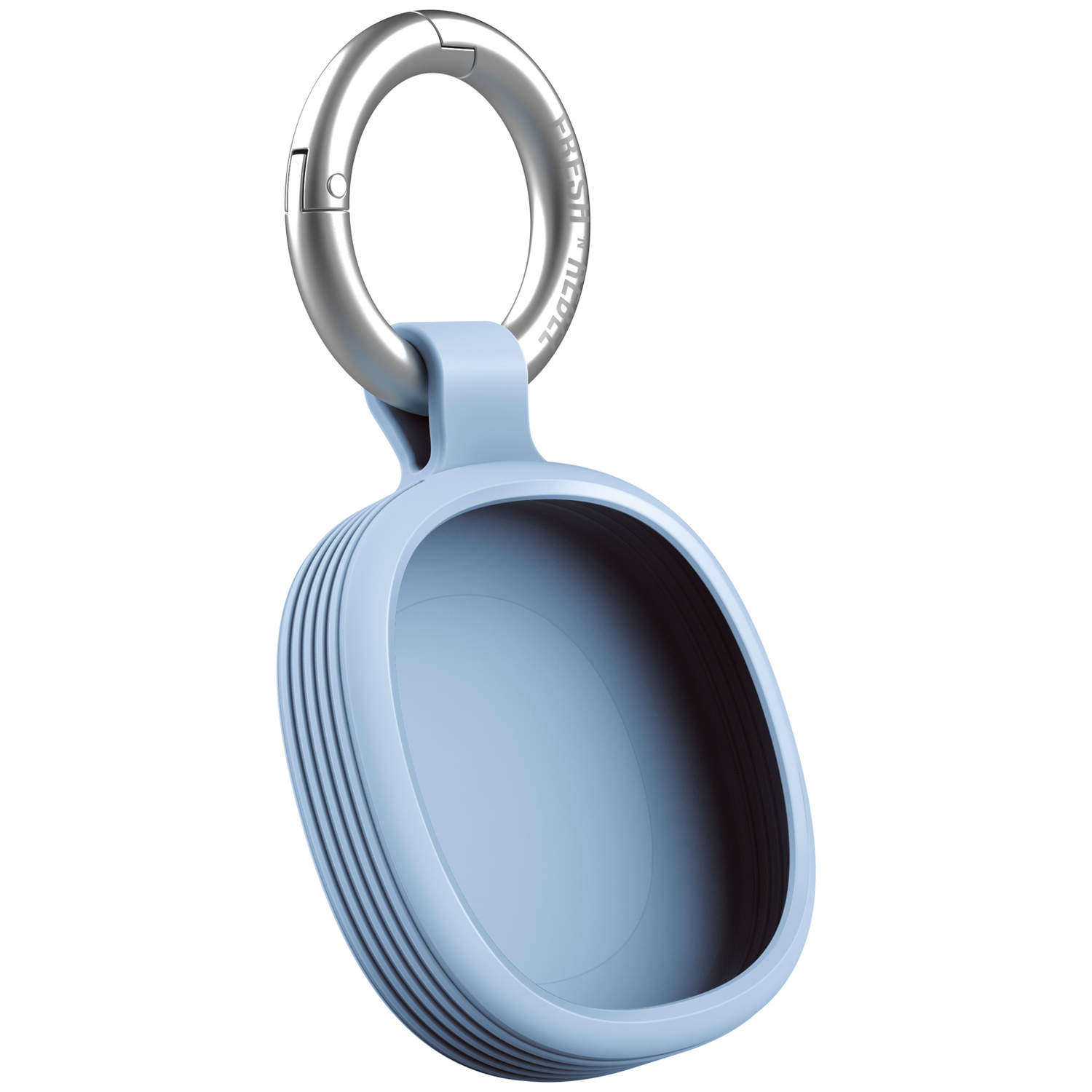 Eine hellblaue Schutzhülle mit einem silbernen Karabinerhaken, die an einem Ring befestigt ist.