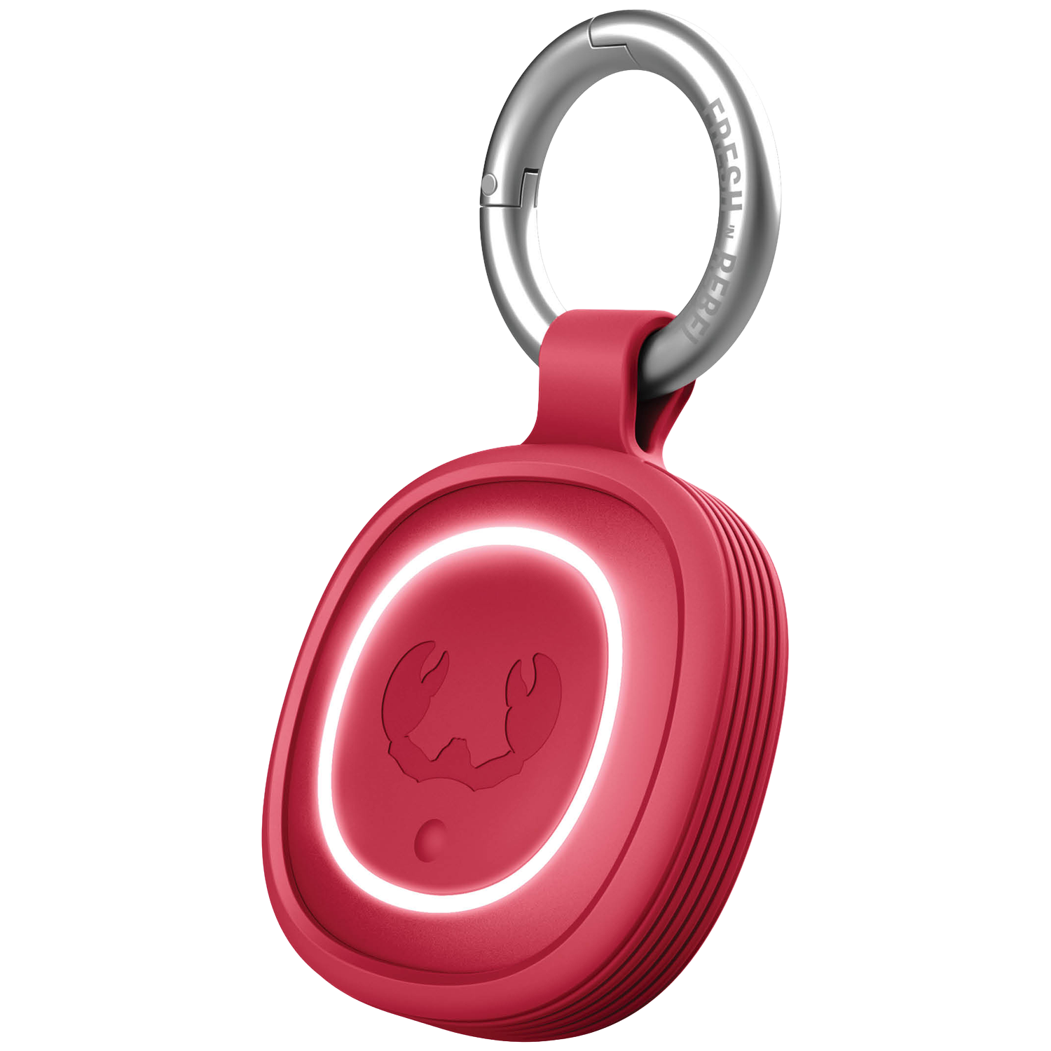A red fob with a silver carabiner and a glowing circle with a crab design.