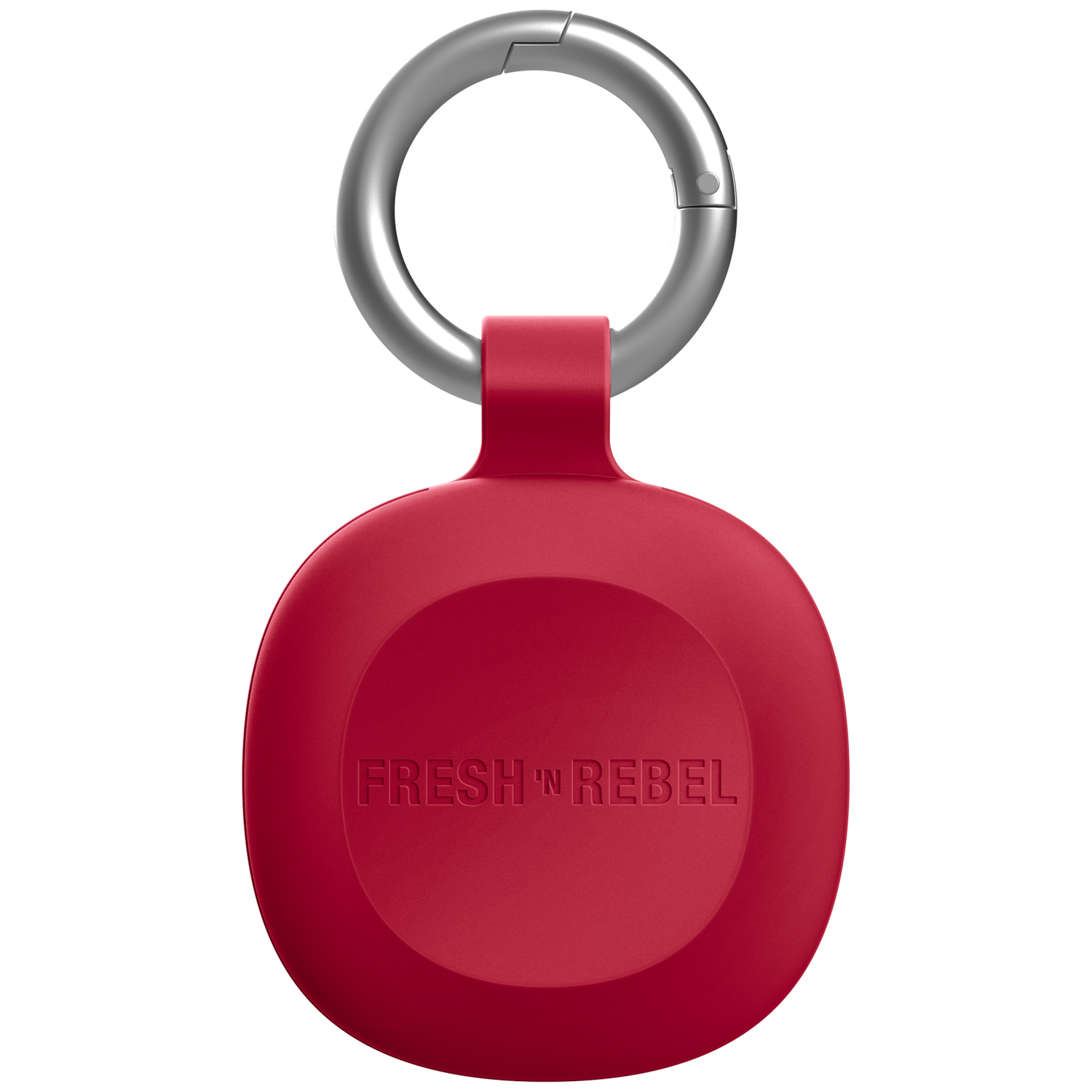 Roter Anhänger mit silbernem Schlüsselring und dem Schriftzug 'FRESH 'N REBEL'.
