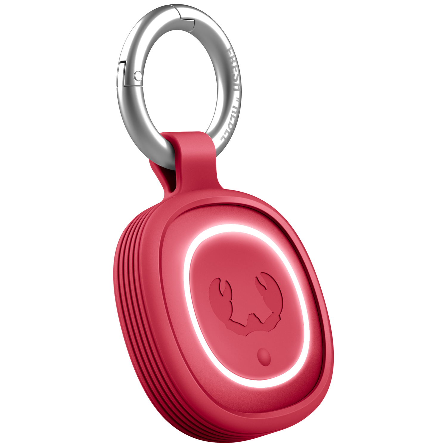 Roter Anhänger mit Schlüsselring und leuchtendem Kreis mit Krebs-Symbol.