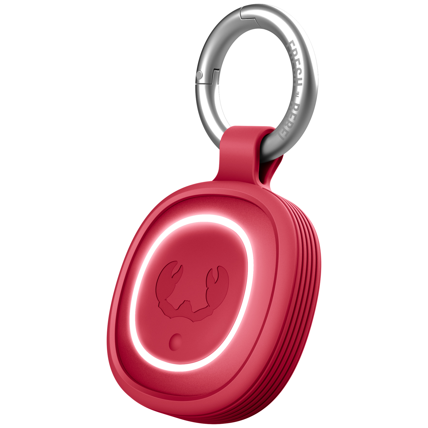 Roter Anhänger mit silbernem Karabiner und leuchtendem Kreis mit Krebsmotiv.