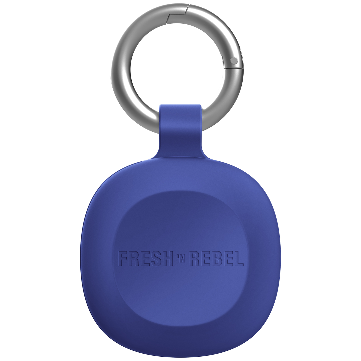 Ein blauer Schlüsselanhänger mit silbernem Ring und dem Logo 'FRESH 'N REBEL'.