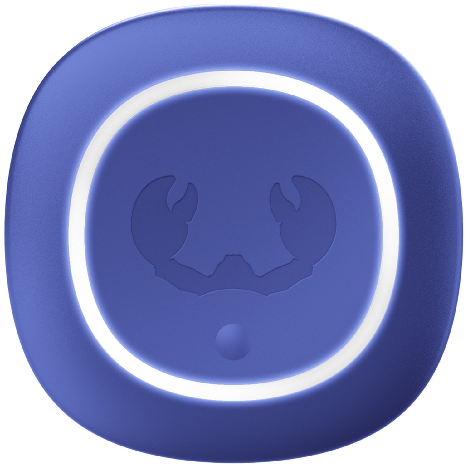 Ein blauer Knopf mit einem Krebs-Symbol und einem weißen Rand.