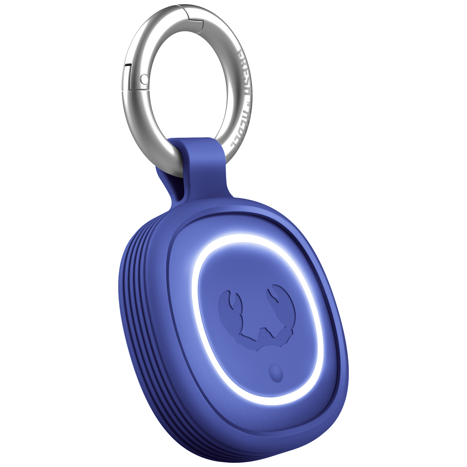 Ein blauer Anhänger mit einem silbernen Karabiner und leuchtendem Kreis.