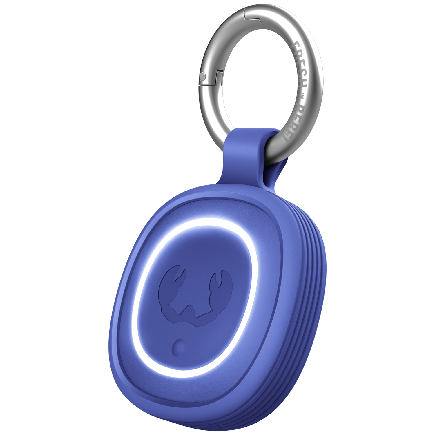 Ein lila Schlüsselanhänger mit einem leuchtenden Ring und einem Krabben-Symbol.