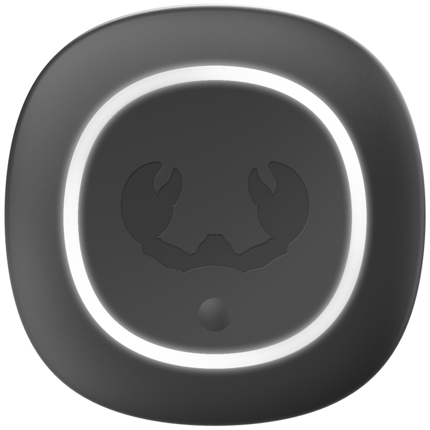 Grauer Knopf mit weißer Beleuchtung und Krabben-Symbol.