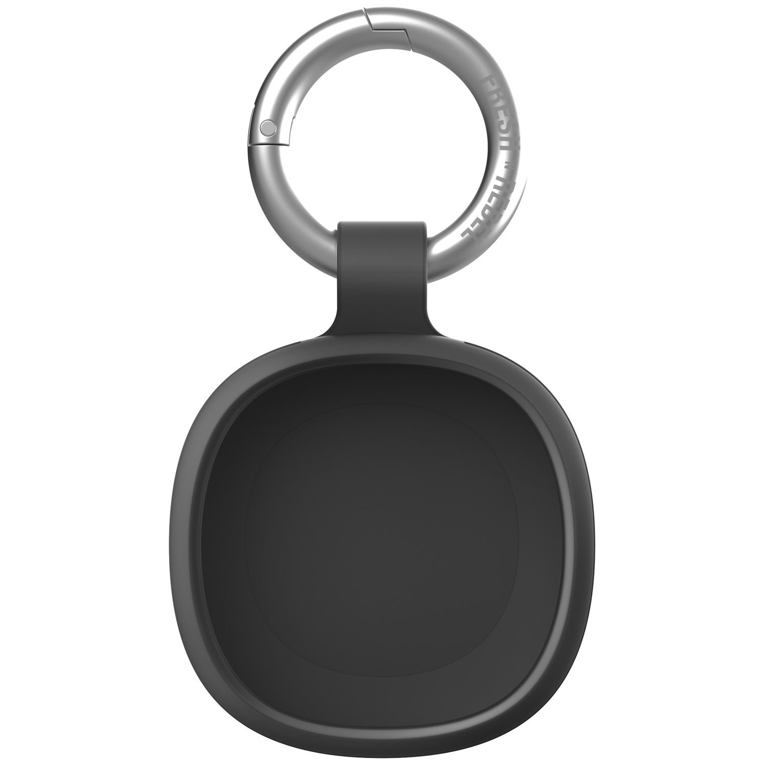 Schwarze Hülle mit silbernem Karabinerclip und dem Logo 'FRESHN'EDEL'.