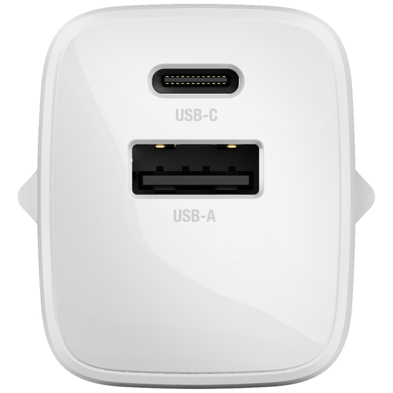 A white USB-C charger with one USB-C and one USB-A port.